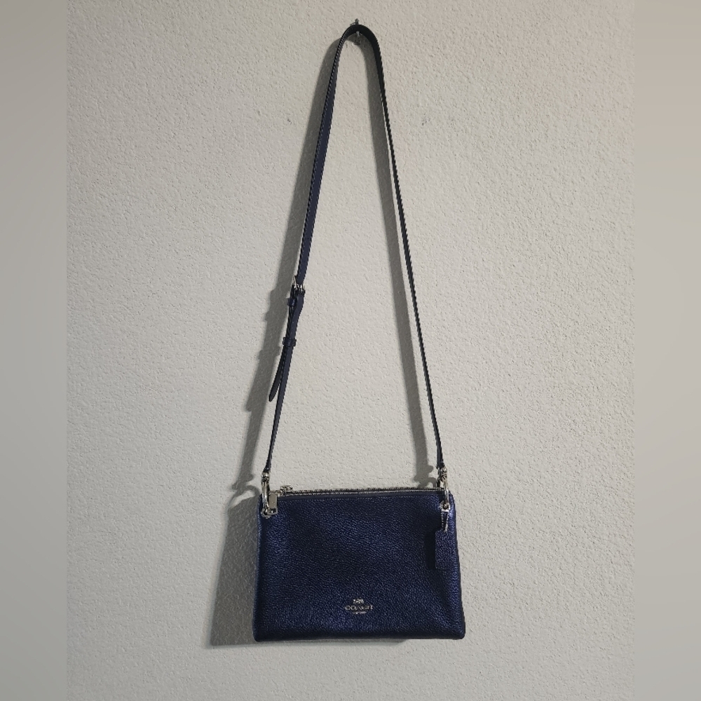 Coach Mia Crossbody bag metallic navy blue refined pebble leather dual zip - Picture 2 of 11